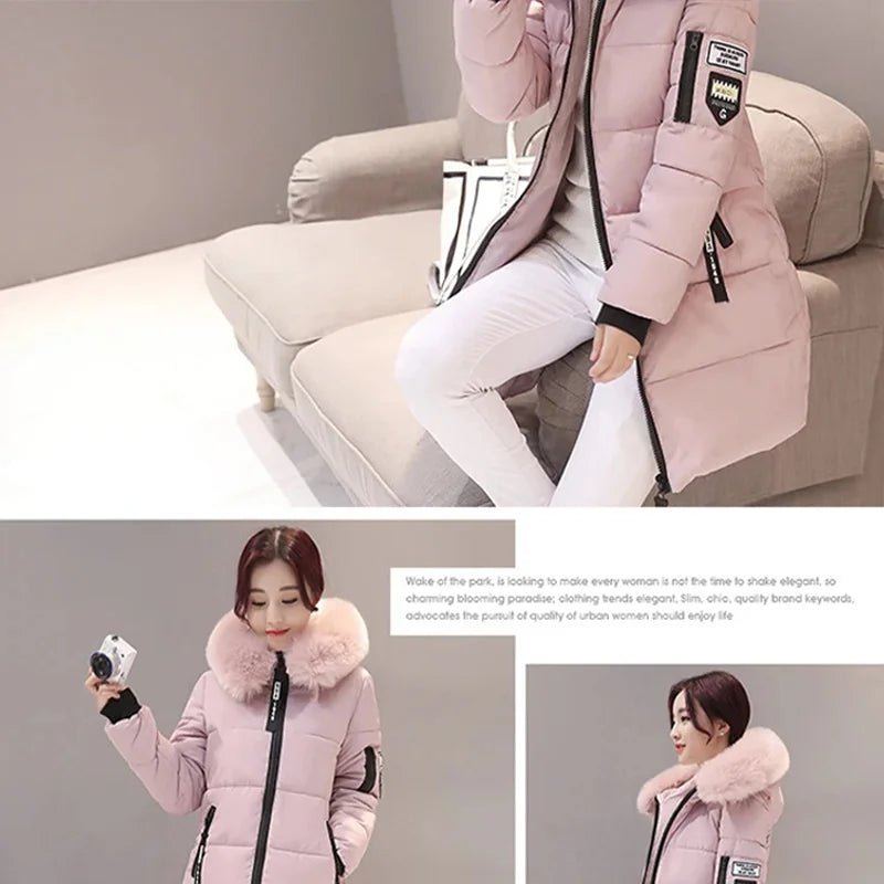 Women Winter Fur Collar Hooded Parka Fashion Letter Patch Zipper.