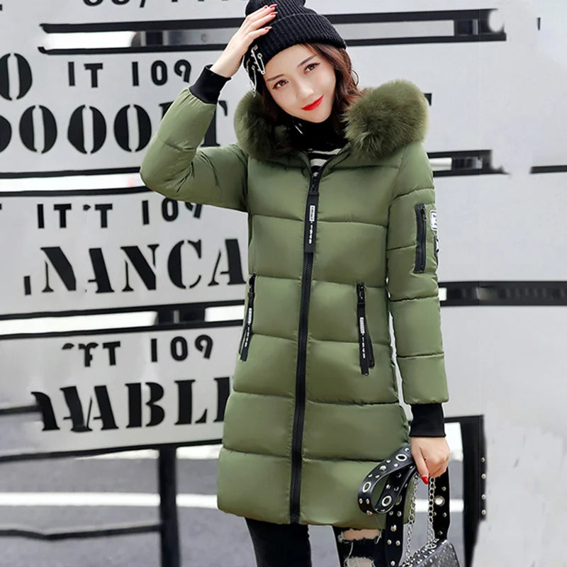 Women Winter Fur Collar Hooded Parka Fashion Letter Patch Zipper.