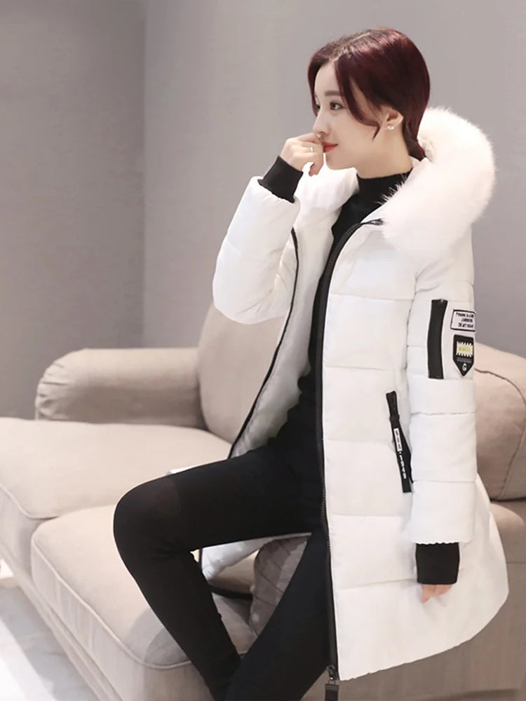 Women Winter Fur Collar Hooded Parka Fashion Letter Patch Zipper.