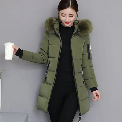 Women Winter Fur Collar Hooded Parka Fashion Letter Patch Zipper.