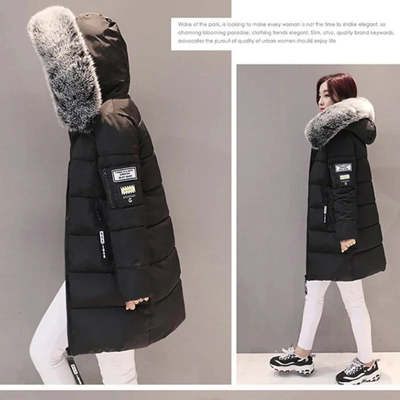 Women Winter Fur Collar Hooded Parka Fashion Letter Patch Zipper.