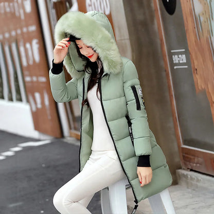 Women Winter Fur Collar Hooded Parka Fashion Letter Patch Zipper.