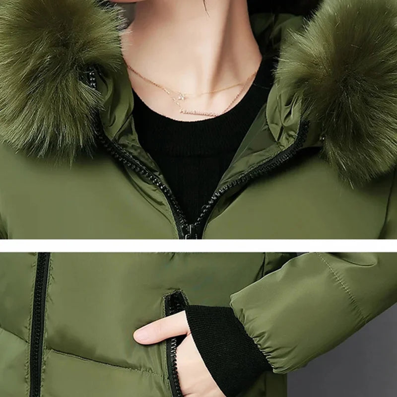 Women Winter Fur Collar Hooded Parka Fashion Letter Patch Zipper.