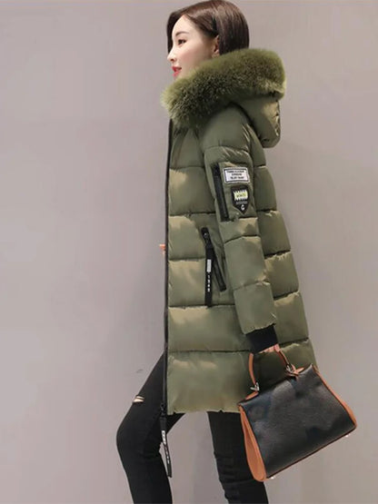 Women Winter Fur Collar Hooded Parka Fashion Letter Patch Zipper.