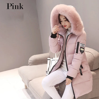 Women Winter Fur Collar Hooded Parka Fashion Letter Patch Zipper.