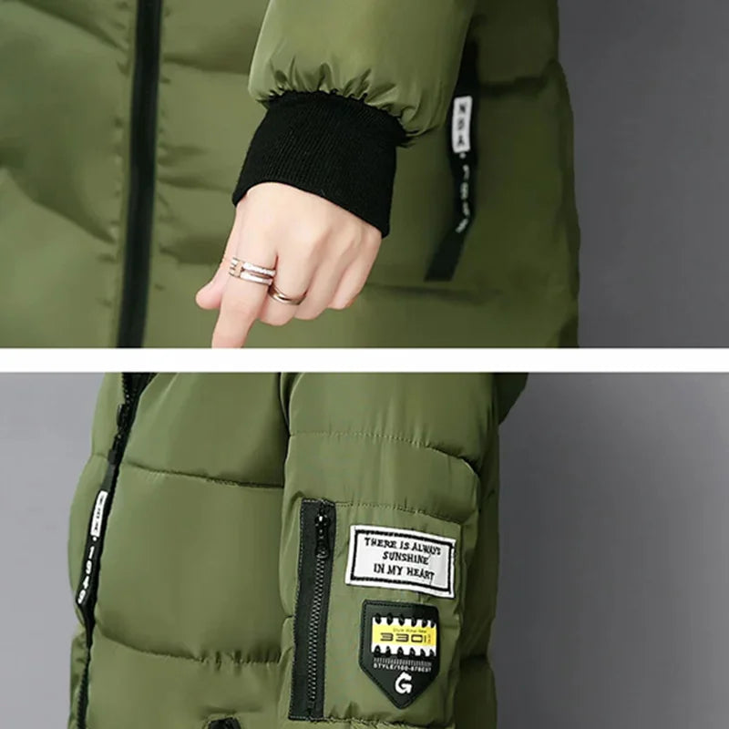 Women Winter Fur Collar Hooded Parka Fashion Letter Patch Zipper.