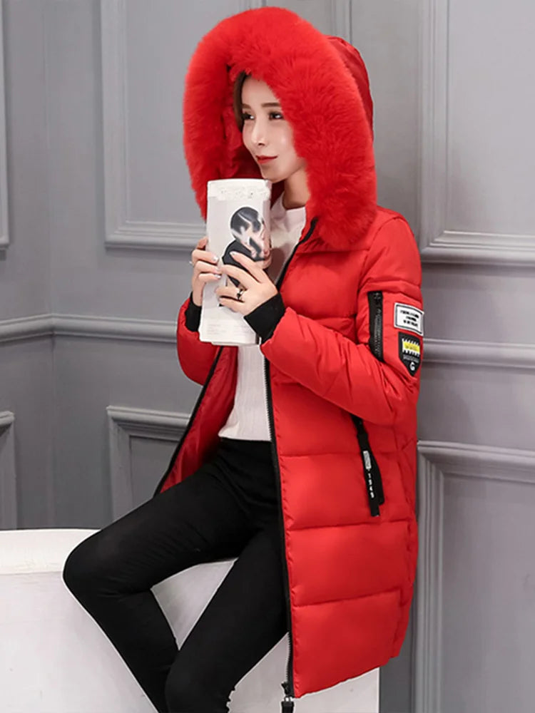 Women Winter Fur Collar Hooded Parka Fashion Letter Patch Zipper.