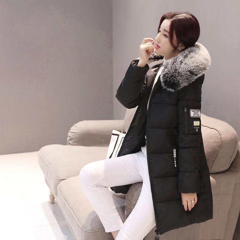 Women Winter Fur Collar Hooded Parka Fashion Letter Patch Zipper.