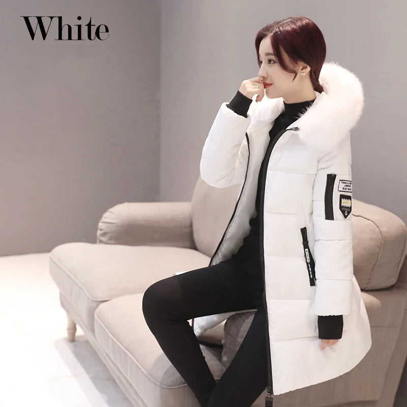 Women Winter Fur Collar Hooded Parka Fashion Letter Patch Zipper.