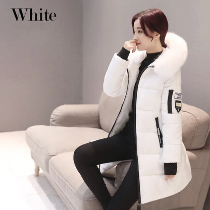 Women Winter Fur Collar Hooded Parka Fashion Letter Patch Zipper.