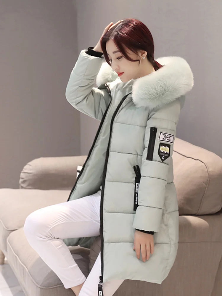 Women Winter Fur Collar Hooded Parka Fashion Letter Patch Zipper.