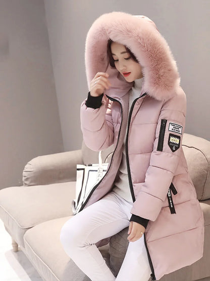 Women Winter Fur Collar Hooded Parka Fashion Letter Patch Zipper.