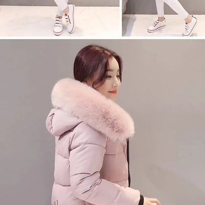 Women Winter Fur Collar Hooded Parka Fashion Letter Patch Zipper.