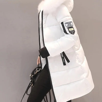 Women Winter Fur Collar Hooded Parka Fashion Letter Patch Zipper.