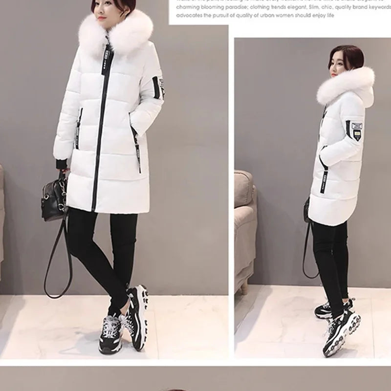 Women Winter Fur Collar Hooded Parka Fashion Letter Patch Zipper.