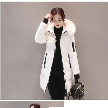 Women Winter Fur Collar Hooded Parka Fashion Letter Patch Zipper.