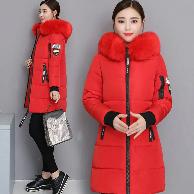 Women Winter Fur Collar Hooded Parka Fashion Letter Patch Zipper.