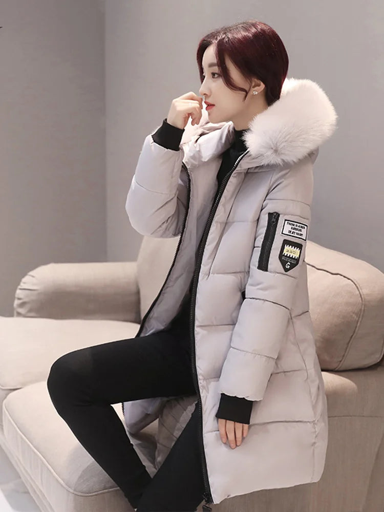 Women Winter Fur Collar Hooded Parka Fashion Letter Patch Zipper.