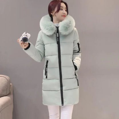 Women Winter Fur Collar Hooded Parka Fashion Letter Patch Zipper.