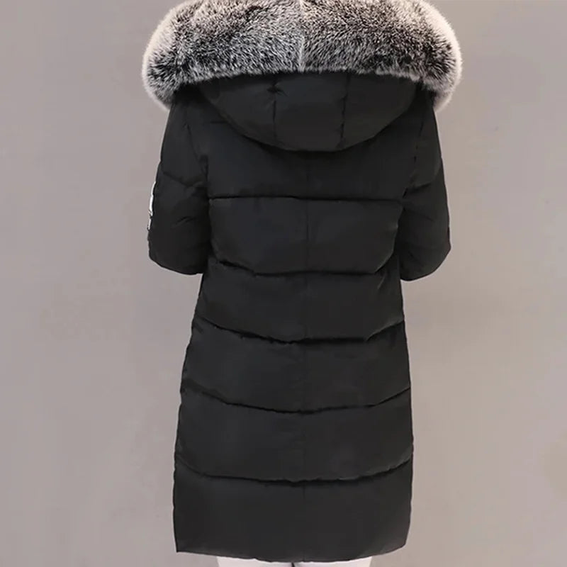 Women Winter Fur Collar Hooded Parka Fashion Letter Patch Zipper.