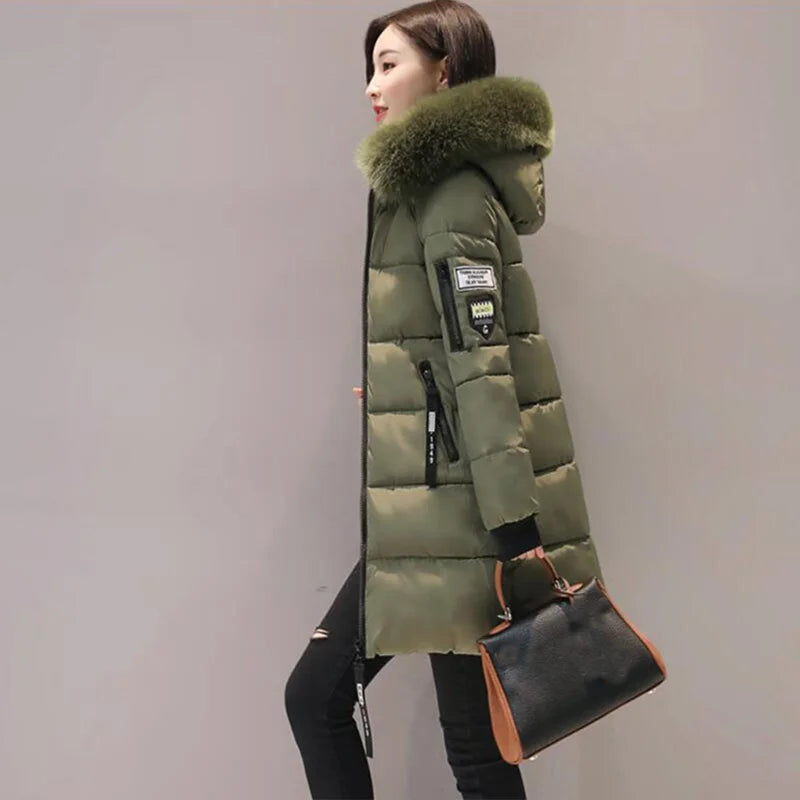 Women Winter Fur Collar Hooded Parka Fashion Letter Patch Zipper.