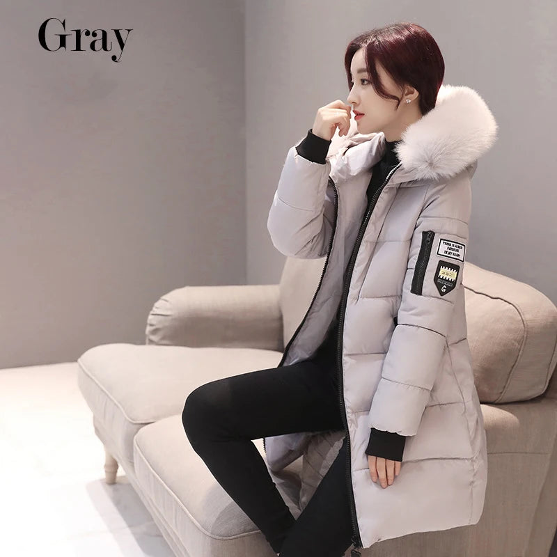 Women Winter Fur Collar Hooded Parka Fashion Letter Patch Zipper.