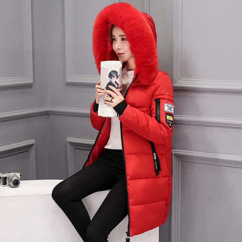 Women Winter Fur Collar Hooded Parka Fashion Letter Patch Zipper.