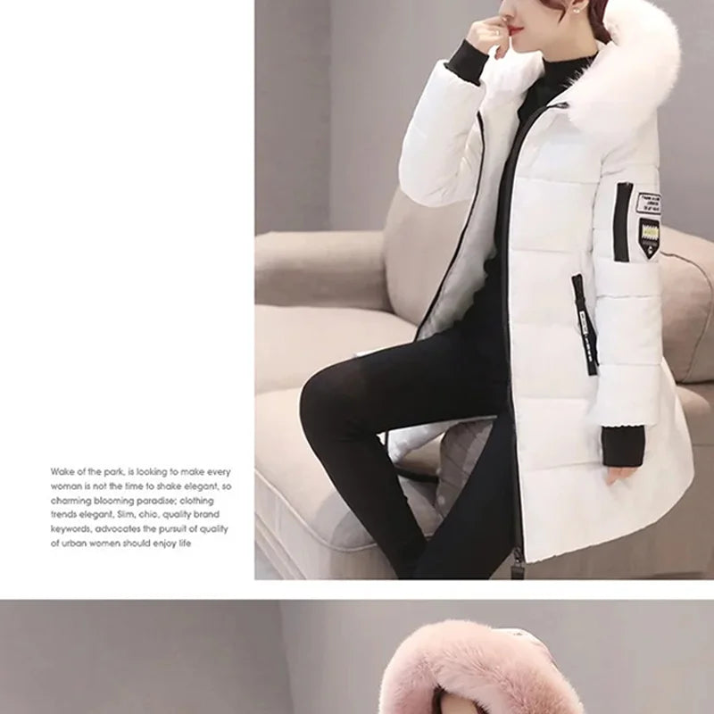 Women Winter Fur Collar Hooded Parka Fashion Letter Patch Zipper.