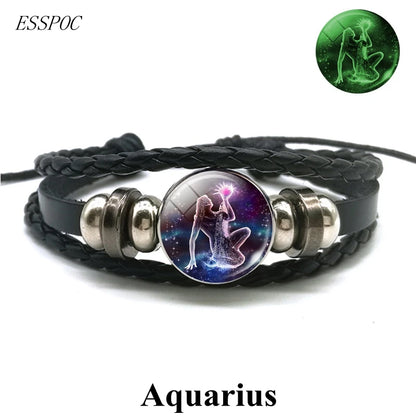 Gemini Leo Libra Scorpio Sagittarius 12 Constellation Luminous Bracelet Leather Bracelet Zodiac Charm Jewelry Bracelet for Men