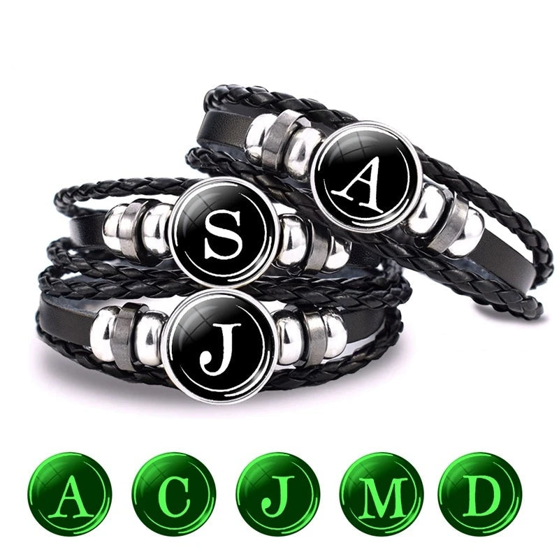 Luminous Bracelet 26 Letters Bracelet Name Rope Bracelet Black Leather Bracelet Men Women Birthday Gifts