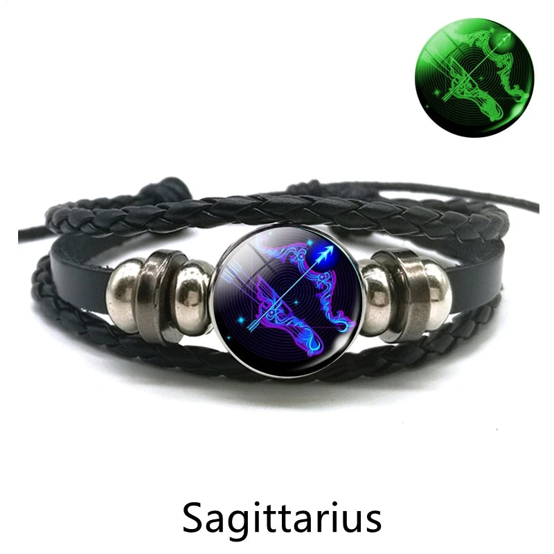 Gemini Leo Libra Scorpio Sagittarius 12 Constellation Luminous Bracelet Leather Bracelet Zodiac Charm Jewelry Bracelet for Men