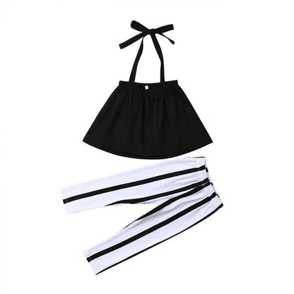 1-5Years Infant Girls Summer Clothes Set Off Shoulder Solid Color Crop Tops + Stripe Pants Leggings Set Girl 2pcs Casual Outfit