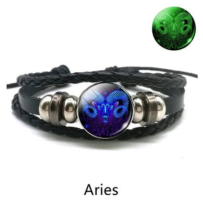 Gemini Leo Libra Scorpio Sagittarius 12 Constellation Luminous Bracelet Leather Bracelet Zodiac Charm Jewelry Bracelet for Men