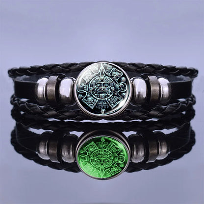 Glow In The Dark Aztec Calendar Mexican Art Men Punk Braided Bracelet Charm Mayan Calendar Jewelry