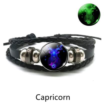 Gemini Leo Libra Scorpio Sagittarius 12 Constellation Luminous Bracelet Leather Bracelet Zodiac Charm Jewelry Bracelet for Men