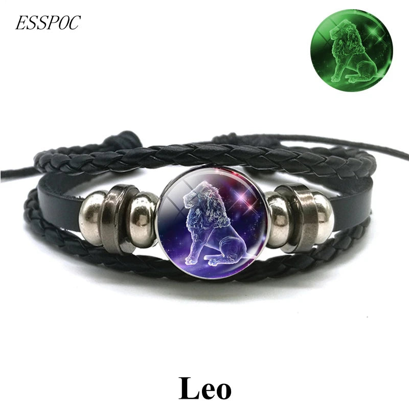 Gemini Leo Libra Scorpio Sagittarius 12 Constellation Luminous Bracelet Leather Bracelet Zodiac Charm Jewelry Bracelet for Men