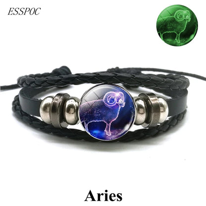 Gemini Leo Libra Scorpio Sagittarius 12 Constellation Luminous Bracelet Leather Bracelet Zodiac Charm Jewelry Bracelet for Men