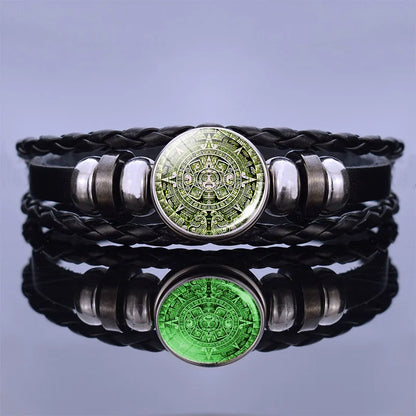 Glow In The Dark Aztec Calendar Mexican Art Men Punk Braided Bracelet Charm Mayan Calendar Jewelry