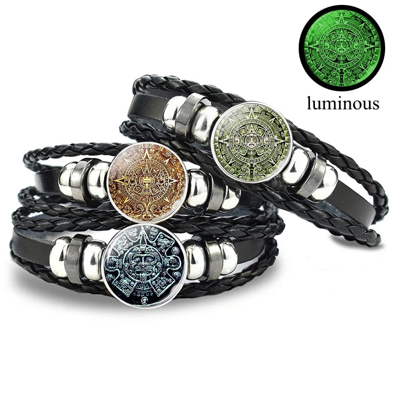 Glow In The Dark Aztec Calendar Mexican Art Men Punk Braided Bracelet Charm Mayan Calendar Jewelry