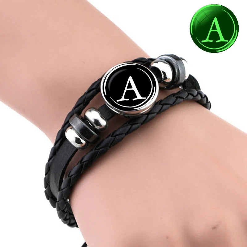 Luminous Bracelet 26 Letters Bracelet Name Rope Bracelet Black Leather Bracelet Men Women Birthday Gifts