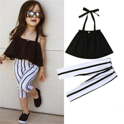 1-5Years Infant Girls Summer Clothes Set Off Shoulder Solid Color Crop Tops + Stripe Pants Leggings Set Girl 2pcs Casual Outfit