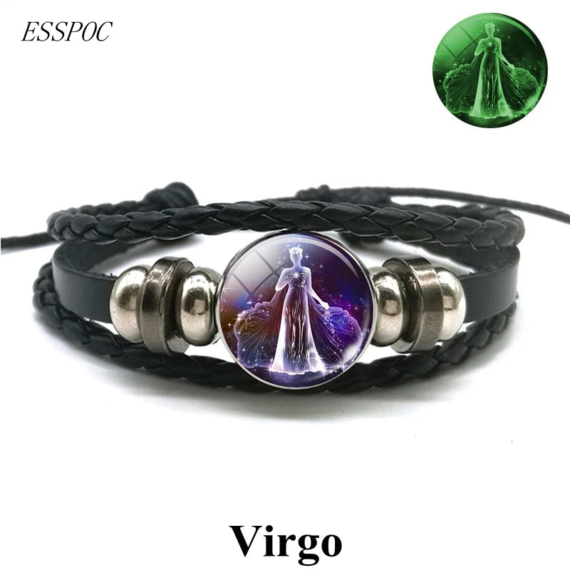 Gemini Leo Libra Scorpio Sagittarius 12 Constellation Luminous Bracelet Leather Bracelet Zodiac Charm Jewelry Bracelet for Men