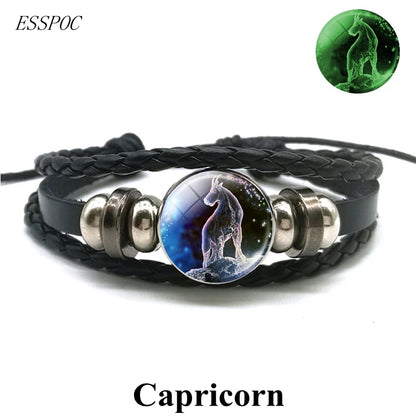 Gemini Leo Libra Scorpio Sagittarius 12 Constellation Luminous Bracelet Leather Bracelet Zodiac Charm Jewelry Bracelet for Men