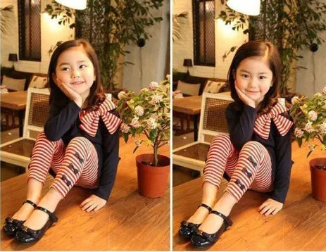 Retail and wholesle 2025 spring and autumn toddler girl clothing sets children clothes kids top with bow+striped leggings 2pcs