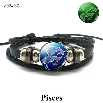 Gemini Leo Libra Scorpio Sagittarius 12 Constellation Luminous Bracelet Leather Bracelet Zodiac Charm Jewelry Bracelet for Men