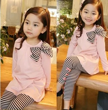 Retail and wholesle 2025 spring and autumn toddler girl clothing sets children clothes kids top with bow+striped leggings 2pcs