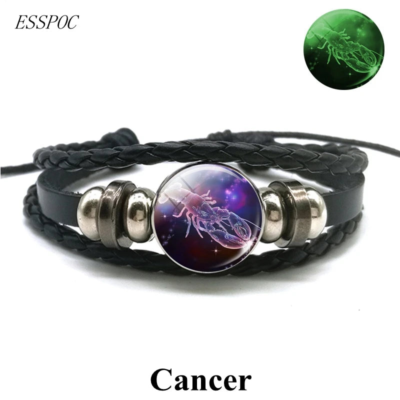 Gemini Leo Libra Scorpio Sagittarius 12 Constellation Luminous Bracelet Leather Bracelet Zodiac Charm Jewelry Bracelet for Men