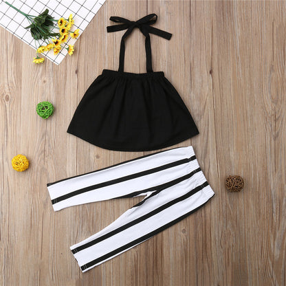 1-5Years Infant Girls Summer Clothes Set Off Shoulder Solid Color Crop Tops + Stripe Pants Leggings Set Girl 2pcs Casual Outfit