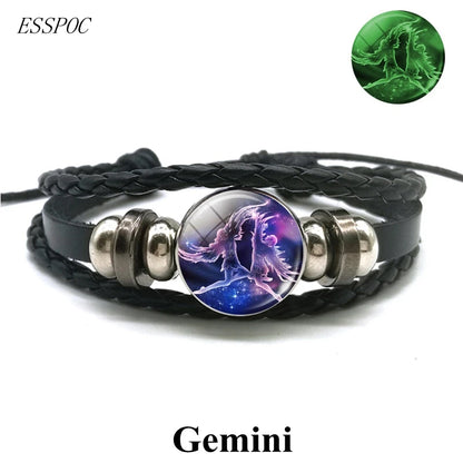 Gemini Leo Libra Scorpio Sagittarius 12 Constellation Luminous Bracelet Leather Bracelet Zodiac Charm Jewelry Bracelet for Men