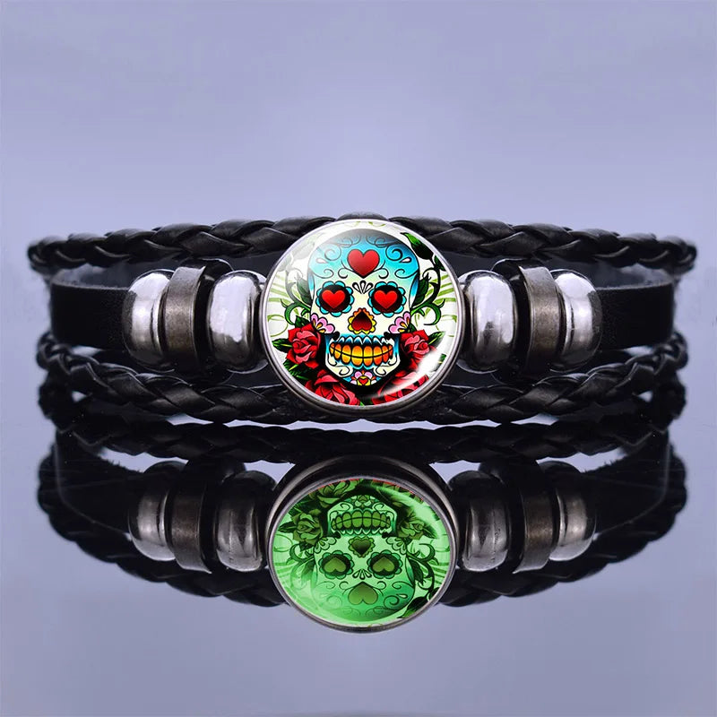 Glow In The Dark Aztec Calendar Mexican Art Men Punk Braided Bracelet Charm Mayan Calendar Jewelry